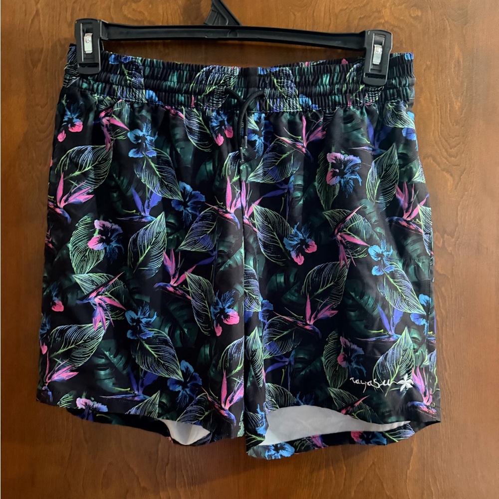 raya sun Black Tropical Floral Athletic Shorts with Neon Accents